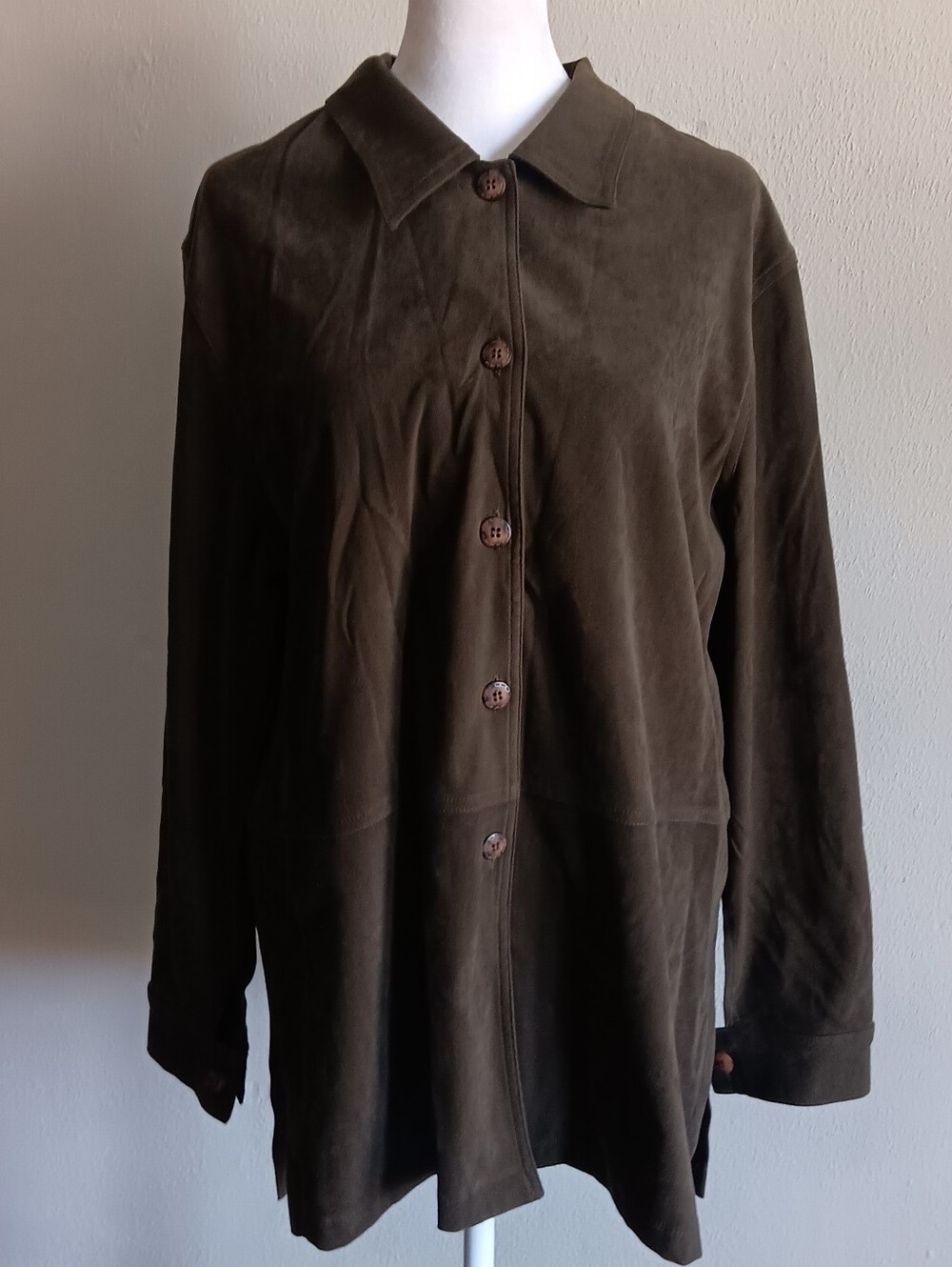 Olive Green Button Front Velvety Faux Suede Jacket Shirt Shacket 90s Womens 12